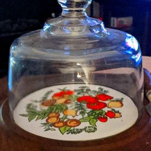 Wood & Ceramic Cheese server with heavy glass dome cover
